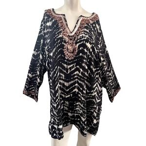 Soft Surroundings 2X‎ Tunic Top Black White Embellished Bohemian Casual Blouse